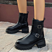 Vintage paksud kontsad, võitlussaapad, naiste platvorm, must PU-nahast poolsaapad, naiste punk-pandlaga, paksu põhjaga mootorrattasaapad