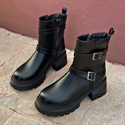 Vintage paksud kontsad, võitlussaapad, naiste platvorm, must PU-nahast poolsaapad, naiste punk-pandlaga, paksu põhjaga mootorrattasaapad