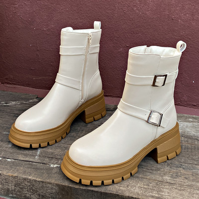 Vintage paksud kontsad, võitlussaapad, naiste platvorm, must PU-nahast poolsaapad, naiste punk-pandlaga, paksu põhjaga mootorrattasaapad