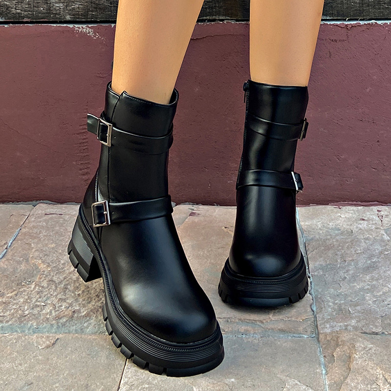 Vintage paksud kontsad, võitlussaapad, naiste platvorm, must PU-nahast poolsaapad, naiste punk-pandlaga, paksu põhjaga mootorrattasaapad
