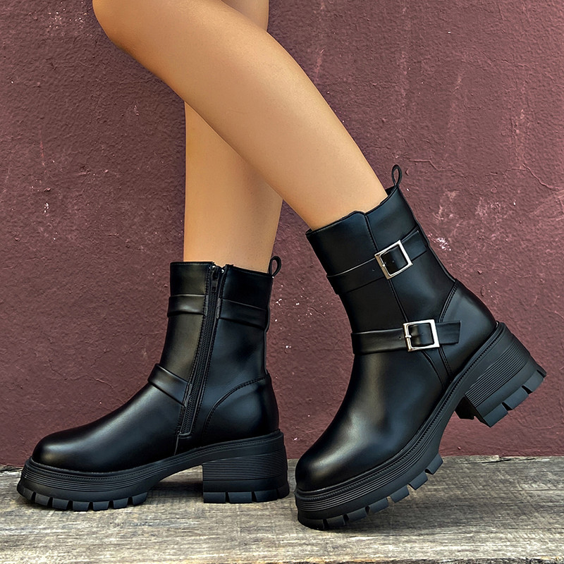 Vintage paksud kontsad, võitlussaapad, naiste platvorm, must PU-nahast poolsaapad, naiste punk-pandlaga, paksu põhjaga mootorrattasaapad