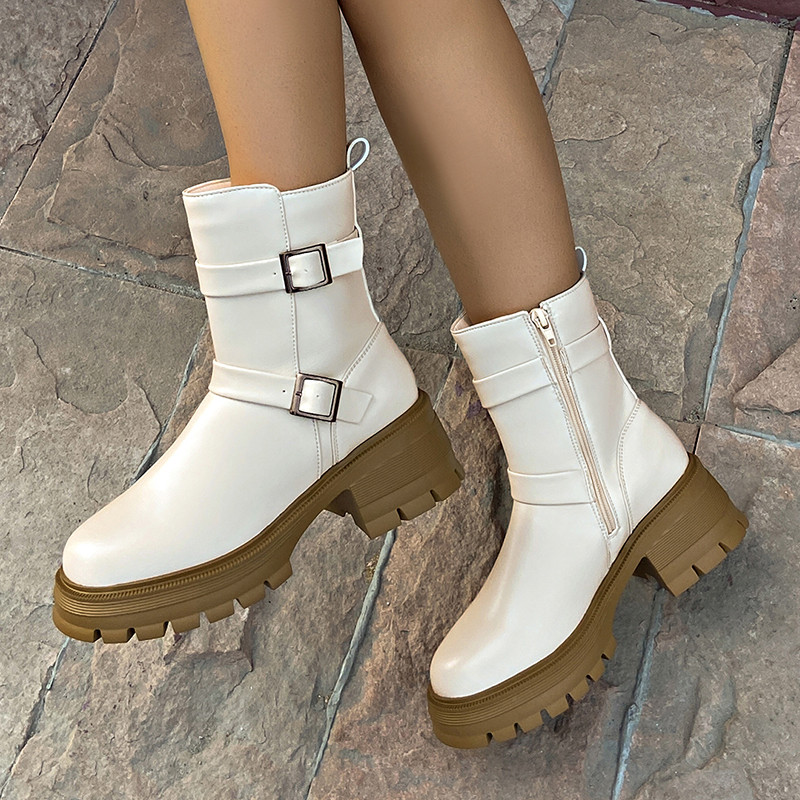 Vintage paksud kontsad, võitlussaapad, naiste platvorm, must PU-nahast poolsaapad, naiste punk-pandlaga, paksu põhjaga mootorrattasaapad