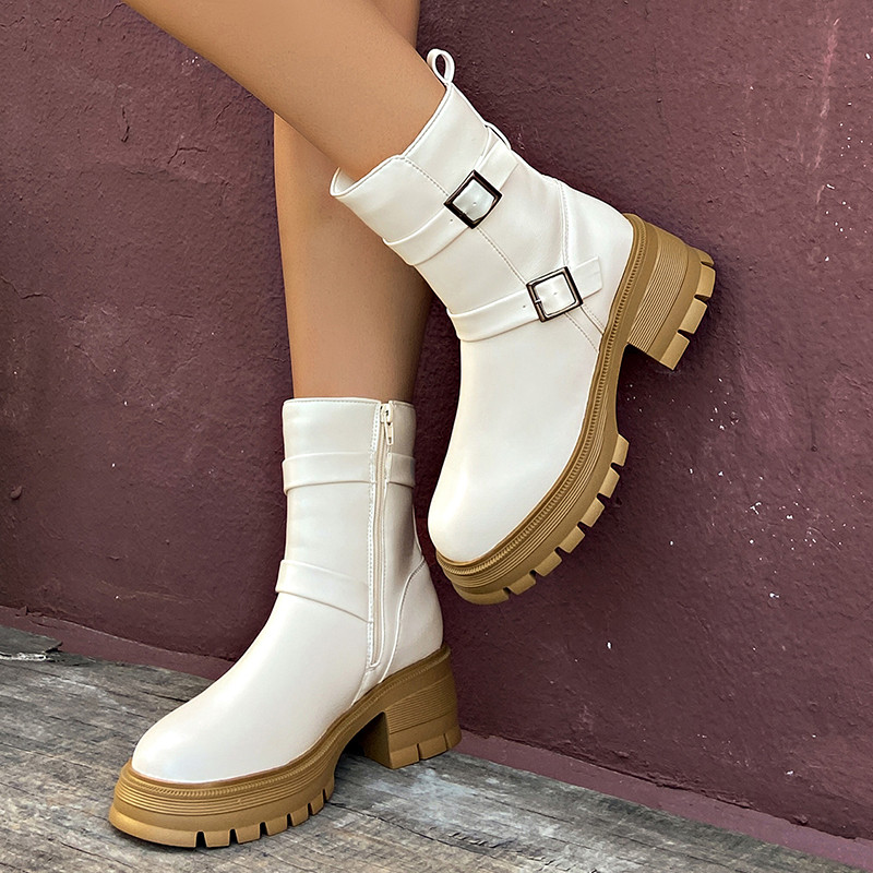 Vintage paksud kontsad, võitlussaapad, naiste platvorm, must PU-nahast poolsaapad, naiste punk-pandlaga, paksu põhjaga mootorrattasaapad