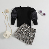 Divat kisgyermek lányok ruhák tavaszi őszi ruhák hosszú lámpás ujjú bordás kötött felsők + kockás szoknya 2 DB készlet