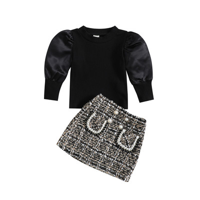 Divat kisgyermek lányok ruhák tavaszi őszi ruhák hosszú lámpás ujjú bordás kötött felsők + kockás szoknya 2 DB készlet