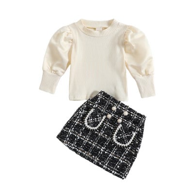 Divat kisgyermek lányok ruhák tavaszi őszi ruhák hosszú lámpás ujjú bordás kötött felsők + kockás szoknya 2 DB készlet