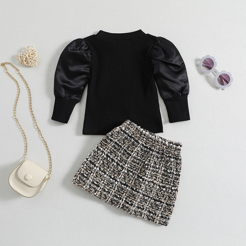 Divat kisgyermek lányok ruhák tavaszi őszi ruhák hosszú lámpás ujjú bordás kötött felsők + kockás szoknya 2 DB készlet