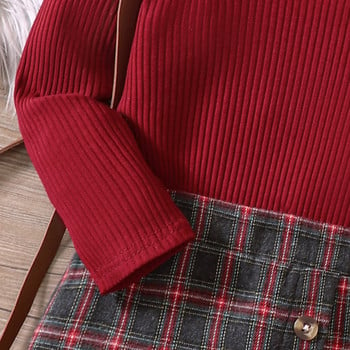 Нов есенен комплект от плътно плетено горнище + карирана пола