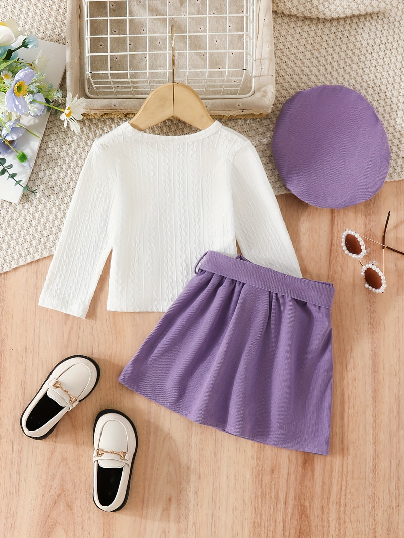 4 fetițe, primăvară și toamnă, culoare solidă, cu mâneci lungi, top subțire + beretă + curea + fustă a-line din velur costum elegant