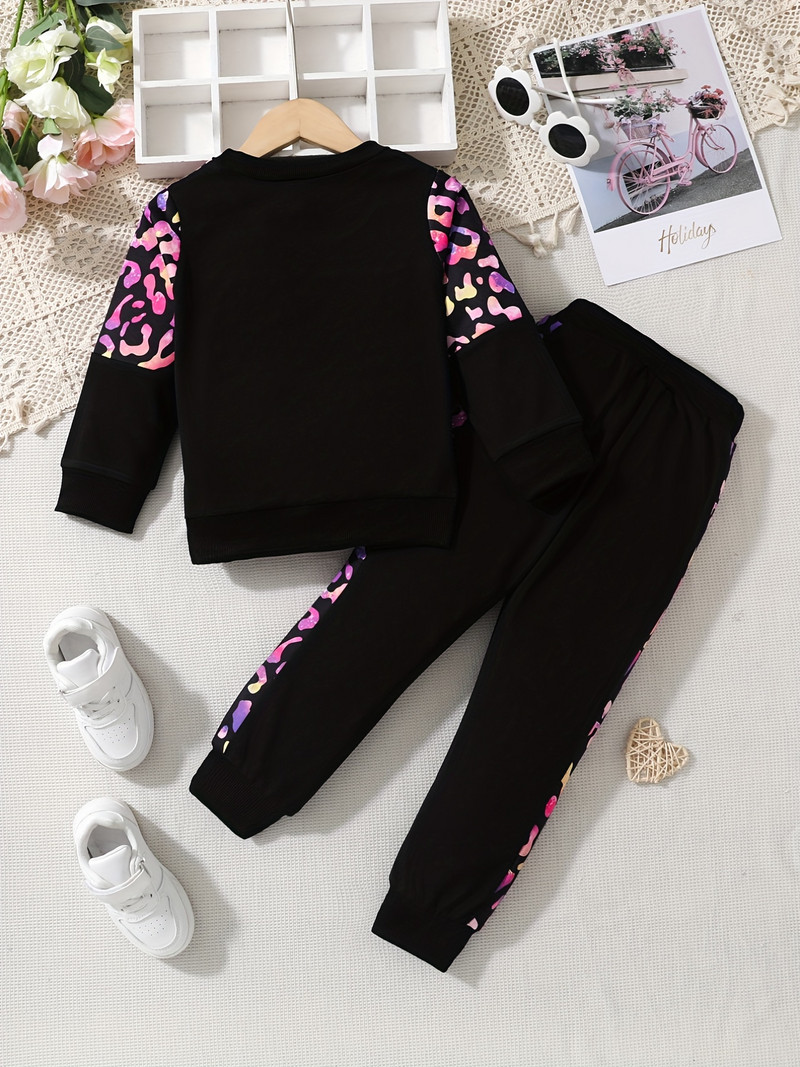 Set hanorac + pantaloni pentru fete, leopard, leopard, cu gât rotund, haine pentru copii
