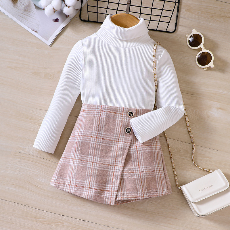 Kaheosaline komplekt uutest tüdrukute kevad- ja sügisestest topidest ja ruudulisest seelikust väikestele ja keskmise suurusega lastele