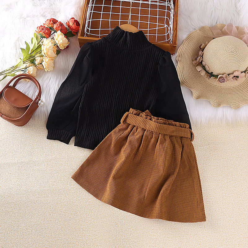 Tüdrukute rõivakomplektid 4-7-aastastele Väikesele tüdrukule Must pikkade varrukatega Väike kõrge kaelusega topp + pruun poolseelik Korea stiilis ülikonnad