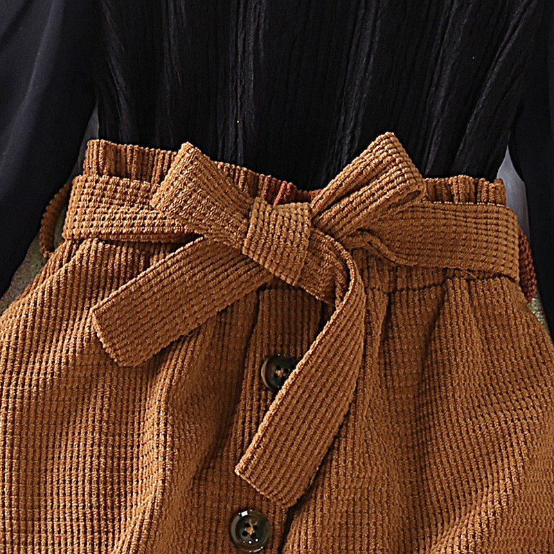 Tüdrukute rõivakomplektid 4-7-aastastele Väikesele tüdrukule Must pikkade varrukatega Väike kõrge kaelusega topp + pruun poolseelik Korea stiilis ülikonnad