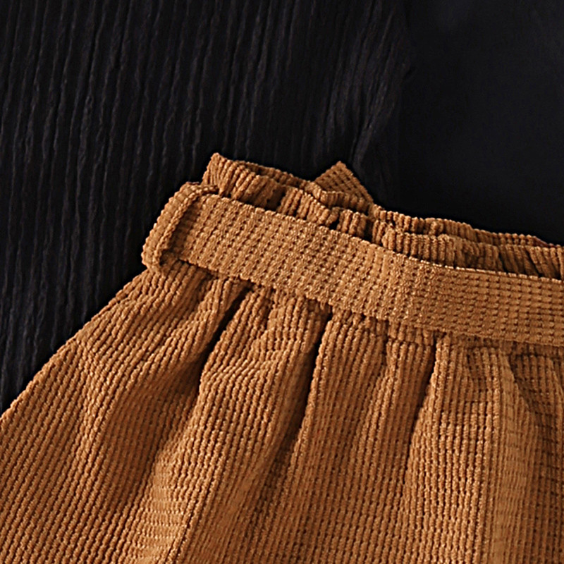 Tüdrukute rõivakomplektid 4-7-aastastele Väikesele tüdrukule Must pikkade varrukatega Väike kõrge kaelusega topp + pruun poolseelik Korea stiilis ülikonnad