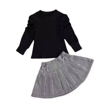 Комплекти от две части Есенно и зимно бебешко облекло за момичета, модно горнище на черни райета + костюм с карирана пола с хиляда птици