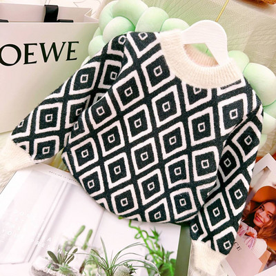 Poiste kampsun, 2023. aasta talvine uus, keskmistest kuni suurtele lastele plüüsis ja soojad topid Riided Lastemoe ruuduline Pullover Beebi kootud kampsun