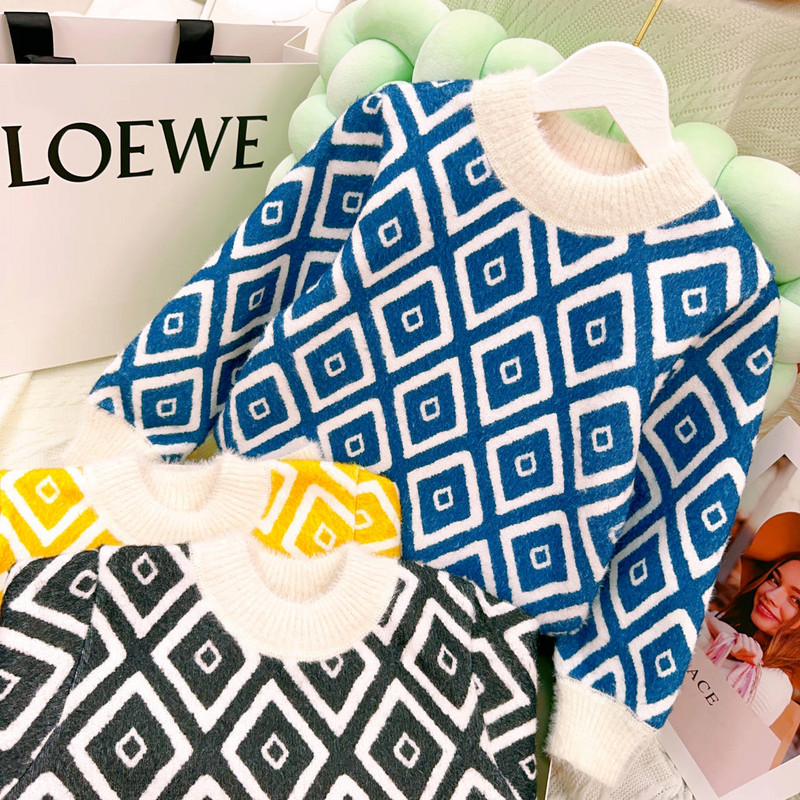 Poiste kampsun, 2023. aasta talvine uus, keskmistest kuni suurtele lastele plüüsis ja soojad topid Riided Lastemoe ruuduline Pullover Beebi kootud kampsun