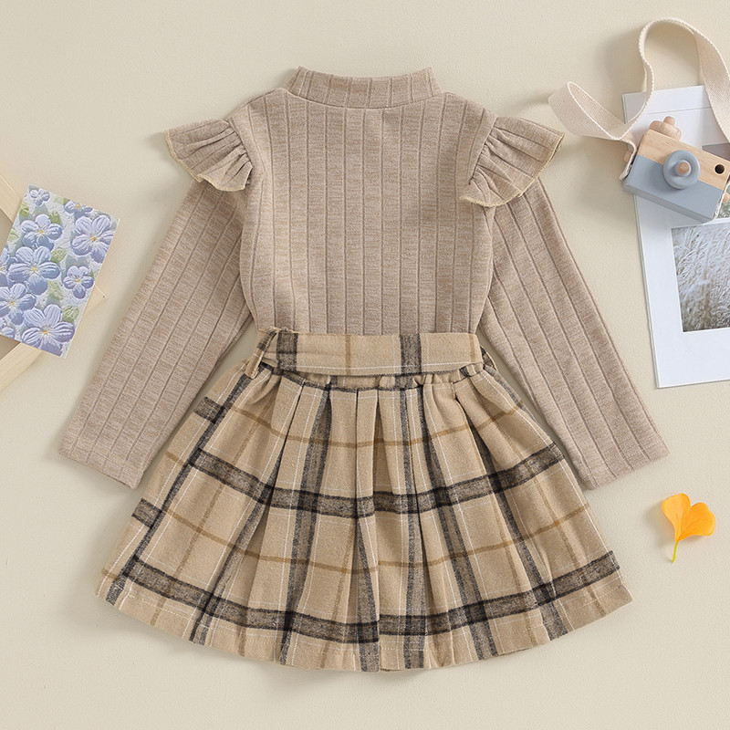 Vaikams, mergaitėms, 2 vnt., rūbų kostiumas, laisvalaikio kostiumas ilgomis rankovėmis, megzti megztiniai + languotas sijonas su diržu, mažylių drabužių rinkinys