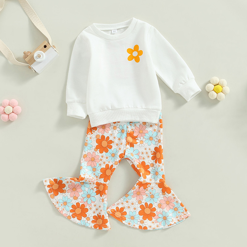 2 buc. Haine pentru bebeluși pentru fetițe, primăvară, toamnă, imprimeu cu litere, hanorace cu mânecă lungă cu gât turnu și costum cu pantaloni evazați cu imprimeu floral