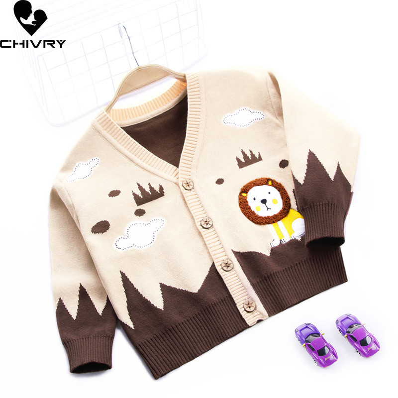 Novi jesensko-zimski dječji kardigani za bebe dječake s crtanim lavovima i vezom, jednoredno kopčanje, pleteni kardigan s V izrezom, kaput, gornja odjeća