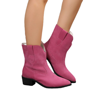 Дамски обувки Модни дамски ботуши с приплъзване през 2023 г. Зимни ботуши с остър връх Едноцветни голи ботуши с едър ток Големи размери Римски ботуши