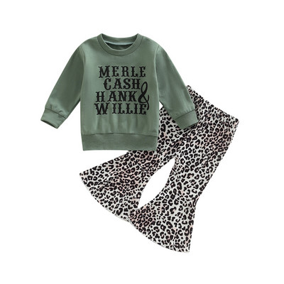 2PCS Odjevne kombinacije za djevojčice, proljeće, jesen, majica dugih rukava s printom slova i rastezljive hlače s leopard printom, ležerni set