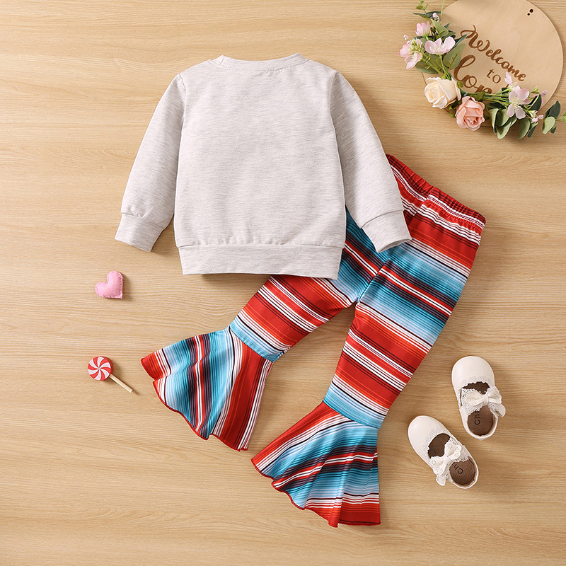 2 ks oblečenia pre batoľatá a dievčatká, outfity s dlhým rukávom a potlačou písmen + pruhované rozšírené nohavice, jarný/jesenný outfit
