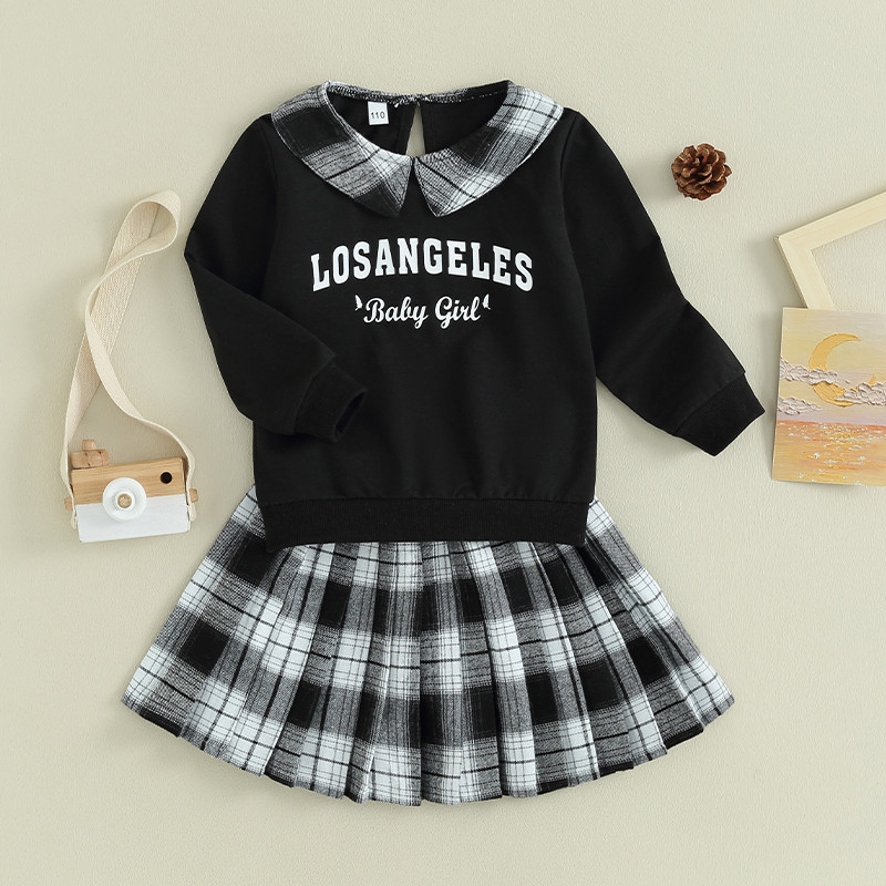 2 tk väikelaste tüdrukute riided, kirjatrükiga pikkade varrukatega kampsun ja ruuduline plisseeritud A-joonega seelik väikelaste sügisriiete jaoks