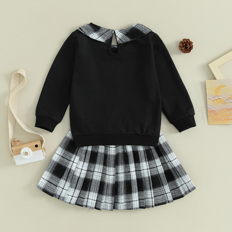 2 tk väikelaste tüdrukute riided, kirjatrükiga pikkade varrukatega kampsun ja ruuduline plisseeritud A-joonega seelik väikelaste sügisriiete jaoks