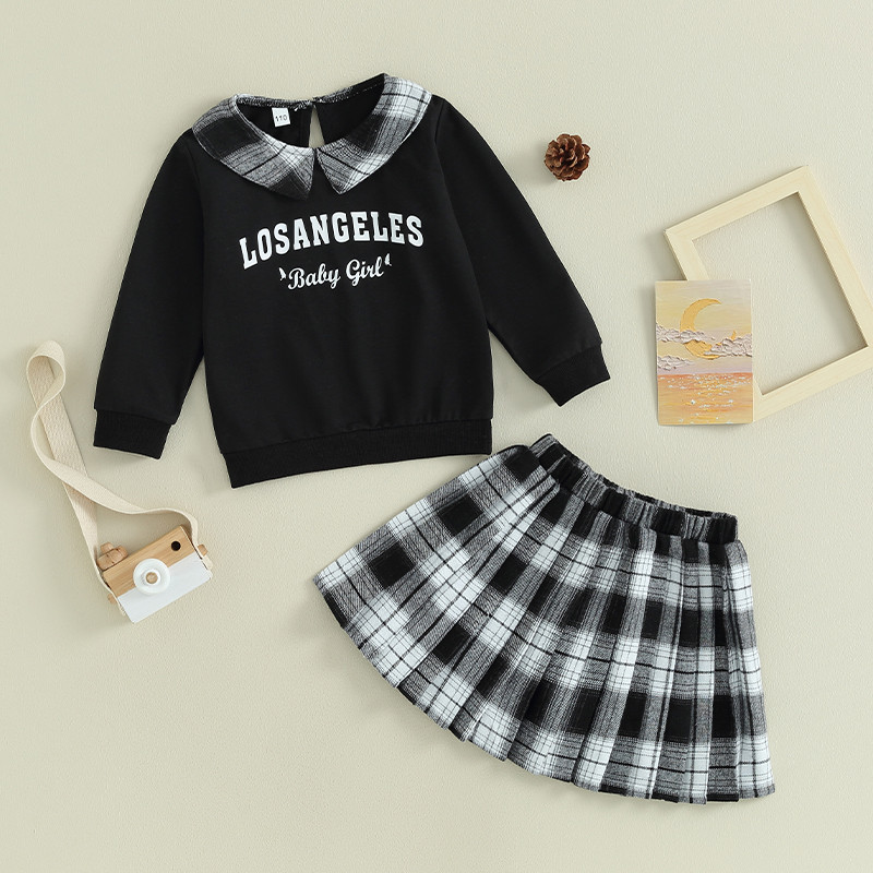 2 tk väikelaste tüdrukute riided, kirjatrükiga pikkade varrukatega kampsun ja ruuduline plisseeritud A-joonega seelik väikelaste sügisriiete jaoks