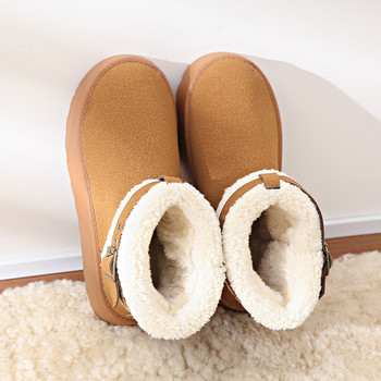 Кожа Ботуши за сняг Chelsea до глезена Дамски 2023 Нови плоски обувки Къси плюшени топли обувки Дизайнерски зимни ежедневни памучни обувки