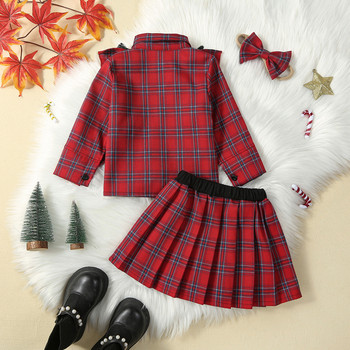 Φθινοπωρινά παιδικά κοριτσίστικα ρούχα 2-7 ετών 3 τεμ. Στολή καρό στάμπα βολάν Μακρυμάνικο πουκάμισο με πέτο μπλούζες Φούστα σε γραμμή Α Φιόγκος Σετ κεφαλής