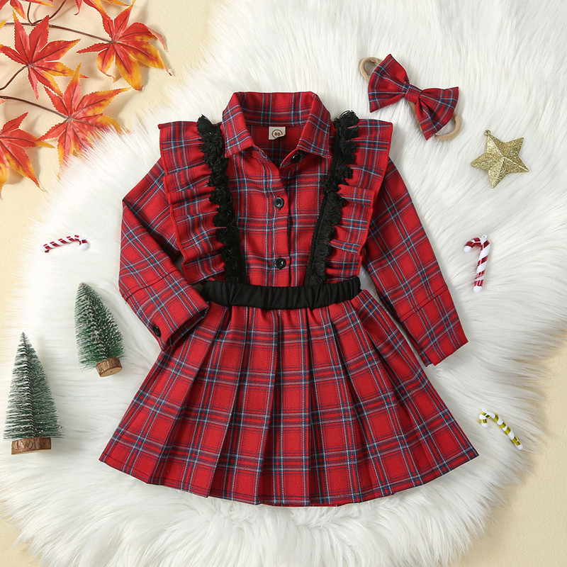 2-7 ani Haine pentru fetiță pentru copii, toamnă, 3 buc. Ținută în carouri, cu volan, cu mânecă lungă, cămașă cu rever, Topuri, fustă în formă de A, fundă, set bentiță