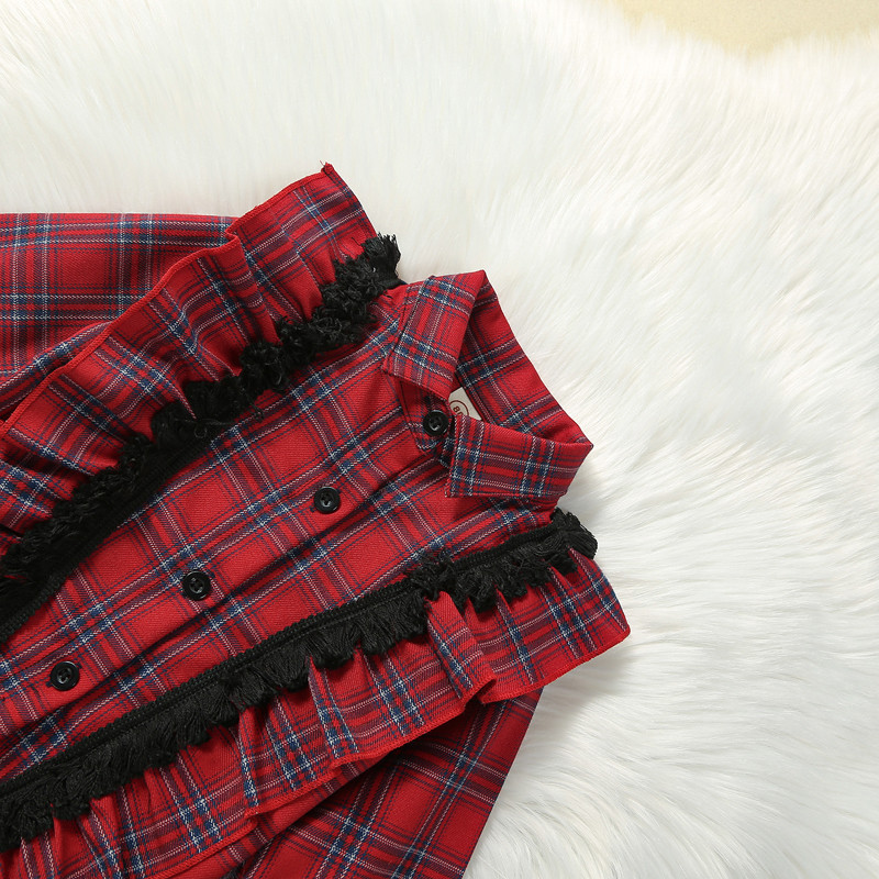 2-7 ani Haine pentru fetiță pentru copii, toamnă, 3 buc. Ținută în carouri, cu volan, cu mânecă lungă, cămașă cu rever, Topuri, fustă în formă de A, fundă, set bentiță