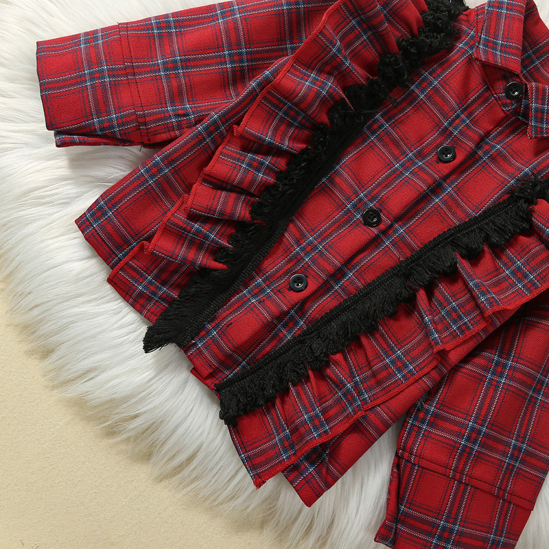 2-7 ani Haine pentru fetiță pentru copii, toamnă, 3 buc. Ținută în carouri, cu volan, cu mânecă lungă, cămașă cu rever, Topuri, fustă în formă de A, fundă, set bentiță