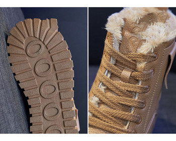 Плюшени боти до глезена за жени Едноцветни PU кожени зимни мартин ботуши Дебели топли обувки от изкуствена кожа Дамски обувки на среден ток