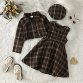 Moda copii haine fete ținută de toamnă carouri mâneci lungi jachetă scurtă fără mâneci rochie a-line beretă pălărie 3buc ținută pentru copil mic