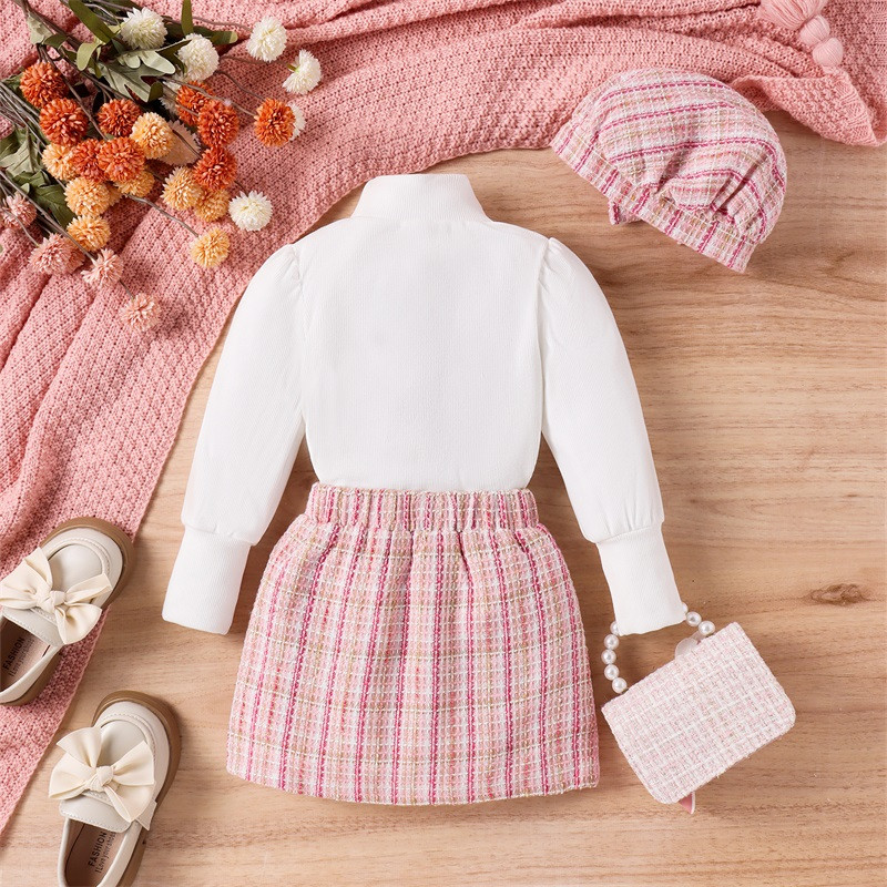 Set 3 bucăți de haine de toamnă pentru copii și fată, de culoare uni, cu mâneci lungi, cu nervuri, cu gât înalt, cu fustă în carouri, set prințesă