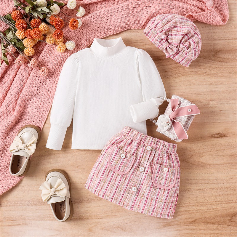 Set 3 bucăți de haine de toamnă pentru copii și fată, de culoare uni, cu mâneci lungi, cu nervuri, cu gât înalt, cu fustă în carouri, set prințesă