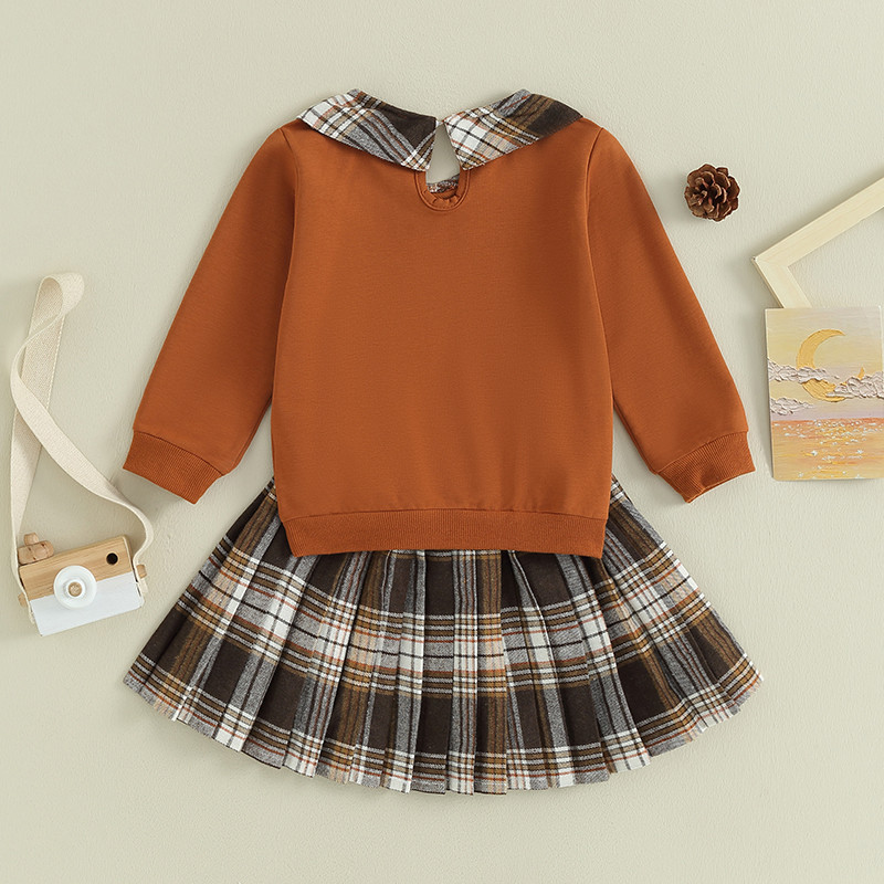 2Pcs Jesenski set odjeće za djecu i djevojčice, majica s ovratnikom za lutke s dugim rukavima, majica s printom slova i karirana mini plisirana suknja Slatka odjeća