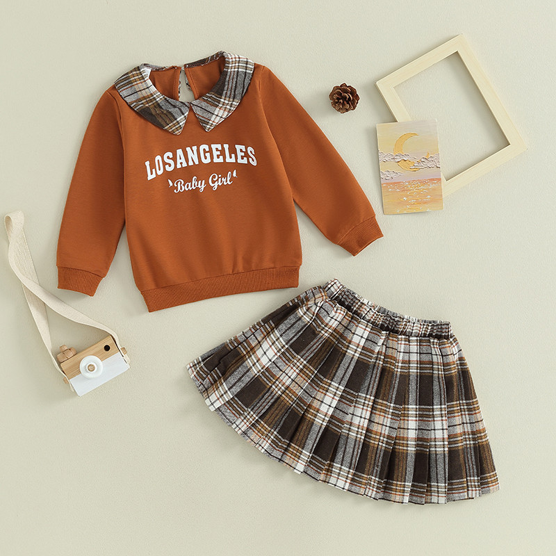 2Pcs Jesenski set odjeće za djecu i djevojčice, majica s ovratnikom za lutke s dugim rukavima, majica s printom slova i karirana mini plisirana suknja Slatka odjeća