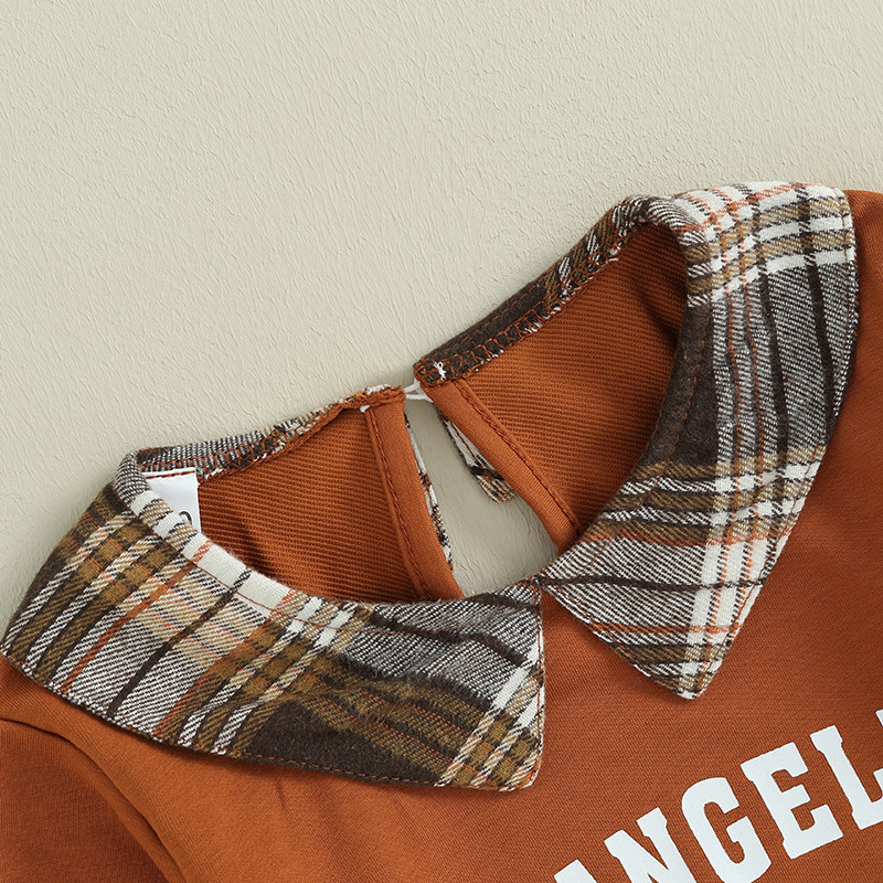 2Pcs Jesenski set odjeće za djecu i djevojčice, majica s ovratnikom za lutke s dugim rukavima, majica s printom slova i karirana mini plisirana suknja Slatka odjeća