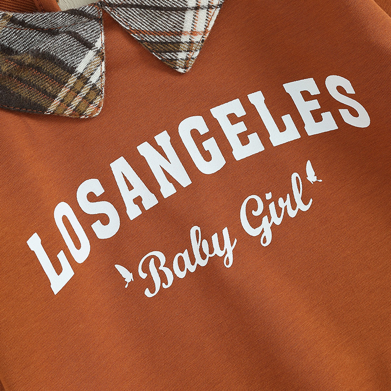 2Pcs Jesenski set odjeće za djecu i djevojčice, majica s ovratnikom za lutke s dugim rukavima, majica s printom slova i karirana mini plisirana suknja Slatka odjeća