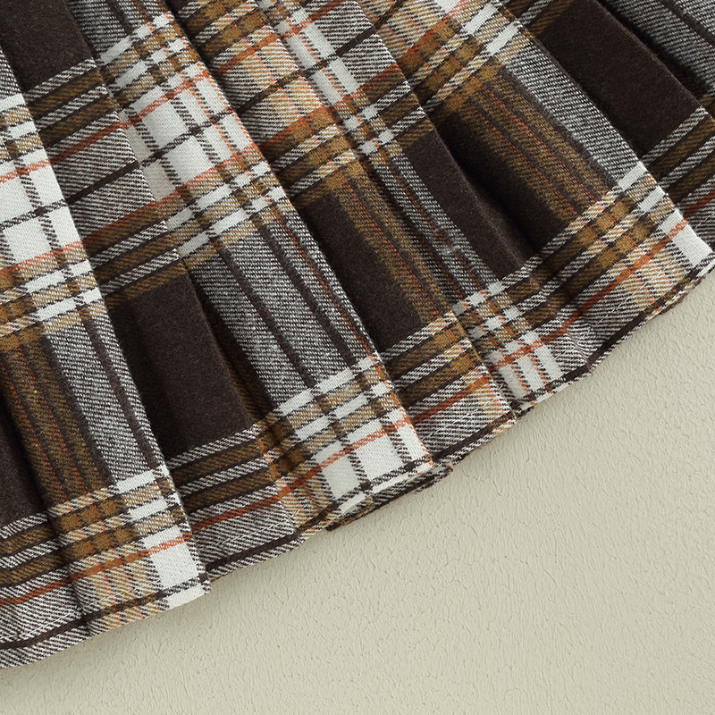 2Pcs Jesenski set odjeće za djecu i djevojčice, majica s ovratnikom za lutke s dugim rukavima, majica s printom slova i karirana mini plisirana suknja Slatka odjeća