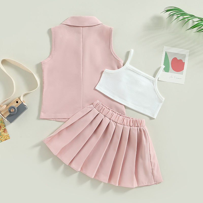 3-7-aastased lapsed, tüdrukud, suveriided, rõivad, elastne vöökoht, plisseeritud seelik ja varrukateta jakk, vest, 3 tk vabaaja komplektid