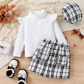 3-dielne dievčenské oblečenie, jesenný elegantný outfit, volánové tričko s dlhým rukávom, vysokým výstrihom, pletené topy s vysokým pásom, kockovaná sukňa, baretka