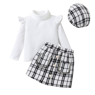 3-dielne dievčenské oblečenie, jesenný elegantný outfit, volánové tričko s dlhým rukávom, vysokým výstrihom, pletené topy s vysokým pásom, kockovaná sukňa, baretka