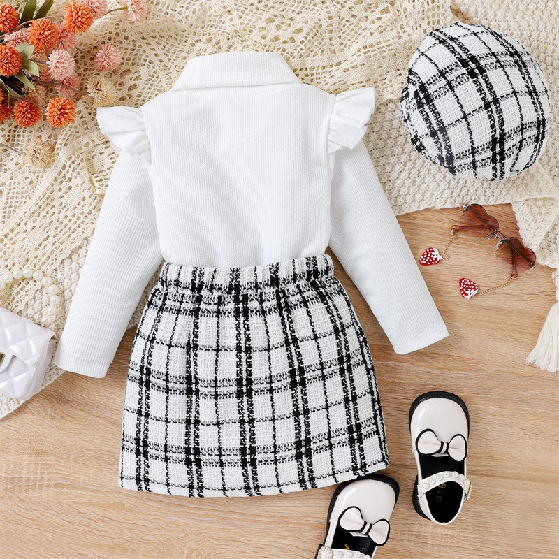 3-dielne dievčenské oblečenie, jesenný elegantný outfit, volánové tričko s dlhým rukávom, vysokým výstrihom, pletené topy s vysokým pásom, kockovaná sukňa, baretka