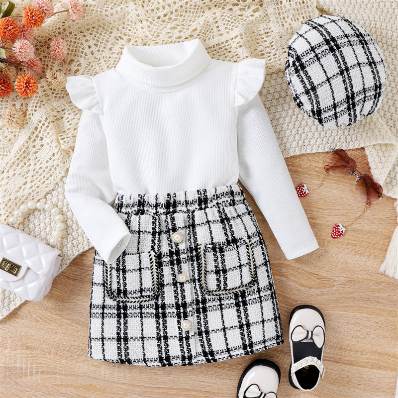 3-dielne dievčenské oblečenie, jesenný elegantný outfit, volánové tričko s dlhým rukávom, vysokým výstrihom, pletené topy s vysokým pásom, kockovaná sukňa, baretka