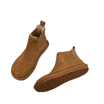 Chelsea Ботуши за глезени Дамски 2023 Нови къси плюшени топли зимни дамски обувки с равни обувки Дамски ежедневни плътни ежедневни кръгли пръсти